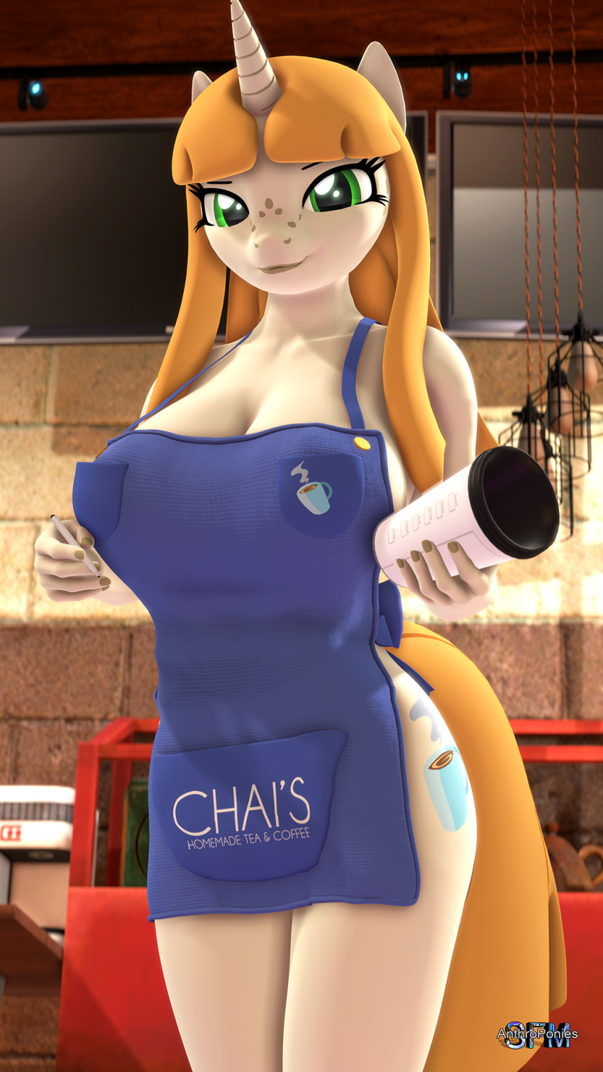 3d_(artwork) 9:16 anthroponiessfm apron apron_only breasts chai_malai clothing coffee_cup container cup cutie_mark digital_media_(artwork) equid equine female freckles green_eyes hair hasbro hi_res horn i_mean_breast_milk inside long_hair looking_at_viewer mammal meme mostly_nude my_little_pony orange_hair pen source_filmmaker unicorn