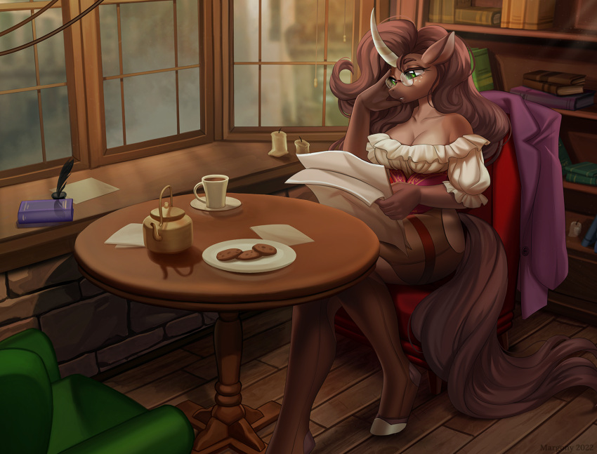 2022 5_fingers anthro breasts brown_body brown_fur clothed clothing digital_media_(artwork) equid equine eyebrows eyelashes female fingers fur green_eyes hi_res horn mammal margony sitting solo unicorn