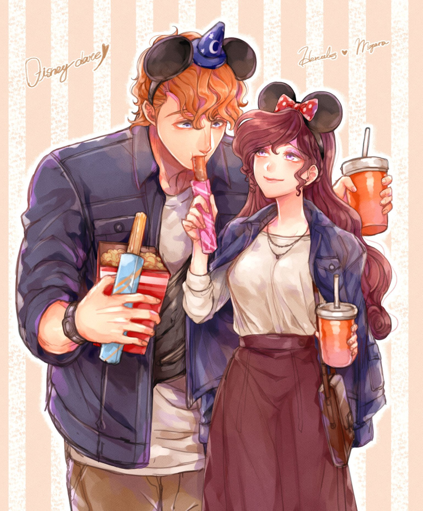 1boy 1girl bag bangs blue_eyes bow brown_pants brown_skirt casual character_name contemporary cup denim denim_jacket dessert disney disposable_cup drinking_straw eye_contact feeding food hair_bow handbag hat hercules_(disney) hercules_(disney)_(character) hetero highres holding holding_cup holding_food jacket jewelry long_hair looking_at_another megara_(disney) mickey_mouse_ears mizala necklace orange_hair pants pocket polka_dot polka_dot_bow red_bow shirt short_hair skirt standing striped striped_background swept_bangs watch white_shirt wizard_hat wristwatch