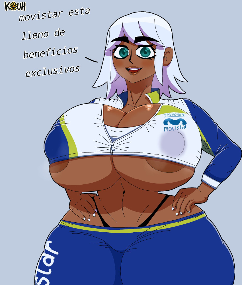 big_breasts bottomwear breasts brown_body clothed clothing female green_eyes hair hi_res huge_breasts human kouh mammal movistar nails pants solo spanish_text sweatshirt text thong tight_clothing underwear white_hair