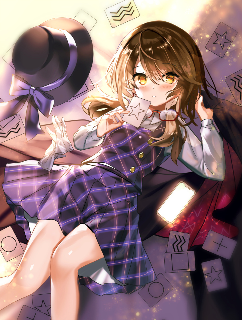 1girl black_cloak black_headwear blush brown_eyes brown_hair card cloak collared_shirt eyebrows_visible_through_hair eyewear_removed fuupu glasses hair_between_eyes hat hat_removed headwear_removed high_collar highres holding holding_card long_sleeves low_twintails parted_lips plaid plaid_skirt plaid_vest pleated_skirt purple_skirt purple_vest red-framed_eyewear shirt short_hair skirt solo touhou twintails usami_sumireko vest white_shirt