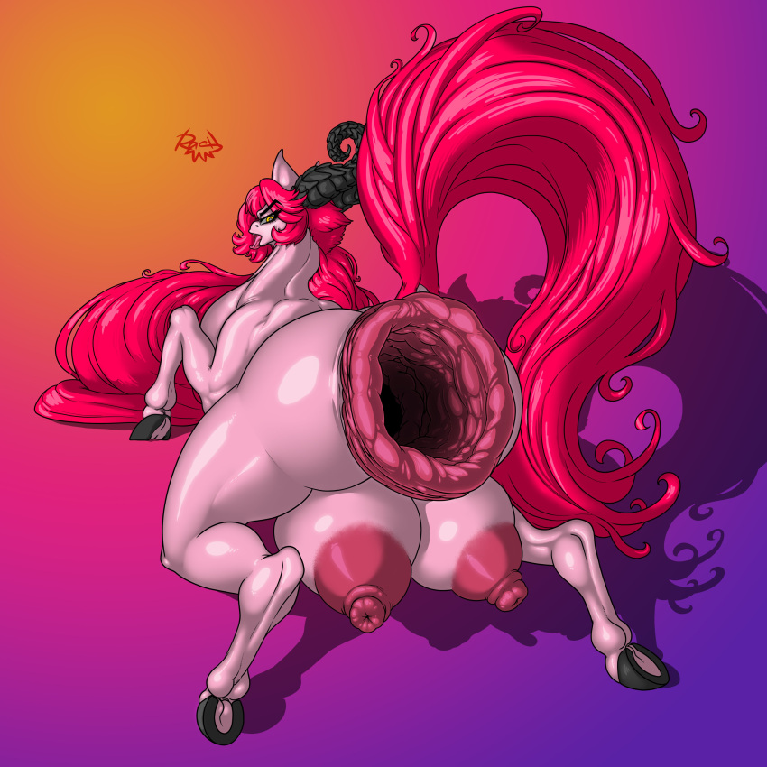 1:1 absurd_res anus areola big_areola big_breasts big_butt big_nipples black_horn bodily_fluids breasts butt crotch_breasts digital_drawing_(artwork) digital_media_(artwork) ehri_(rashchaos) equid equine fan_character female feral gaping gaping_anus genitals gradient_background hair hi_res hooves horn horse huge_areola huge_breasts huge_butt huge_nipples hyper hyper_genitalia long_hair long_horn long_tail looking_at_viewer mammal muscular muscular_female muscular_feral nipples open_mouth pink_anus pink_areola pink_body pink_hair pink_nipples pink_tail pony presenting presenting_anus presenting_hindquarters rashchaos shadow signature simple_background solo sploot teats tongue what_has_science_done