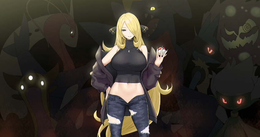 1girl absurdres alternate_costume bangs black_nails blonde_hair blush breasts commentary crop_top cynthia_(pokemon) denim fingernails garchomp gastrodon gastrodon_(west) glowing glowing_eyes grey_eyes hair_ornament hair_over_one_eye highres jeans large_breasts long_fingernails long_hair looking_at_viewer lucario midriff milotic navel no_panties pants poke_ball poke_ball_(basic) pokemon pokemon_(creature) pokemon_(game) pokemon_dppt roserade sky-freedom smile spiritomb torn_clothes torn_jeans torn_pants unbuttoned very_long_hair