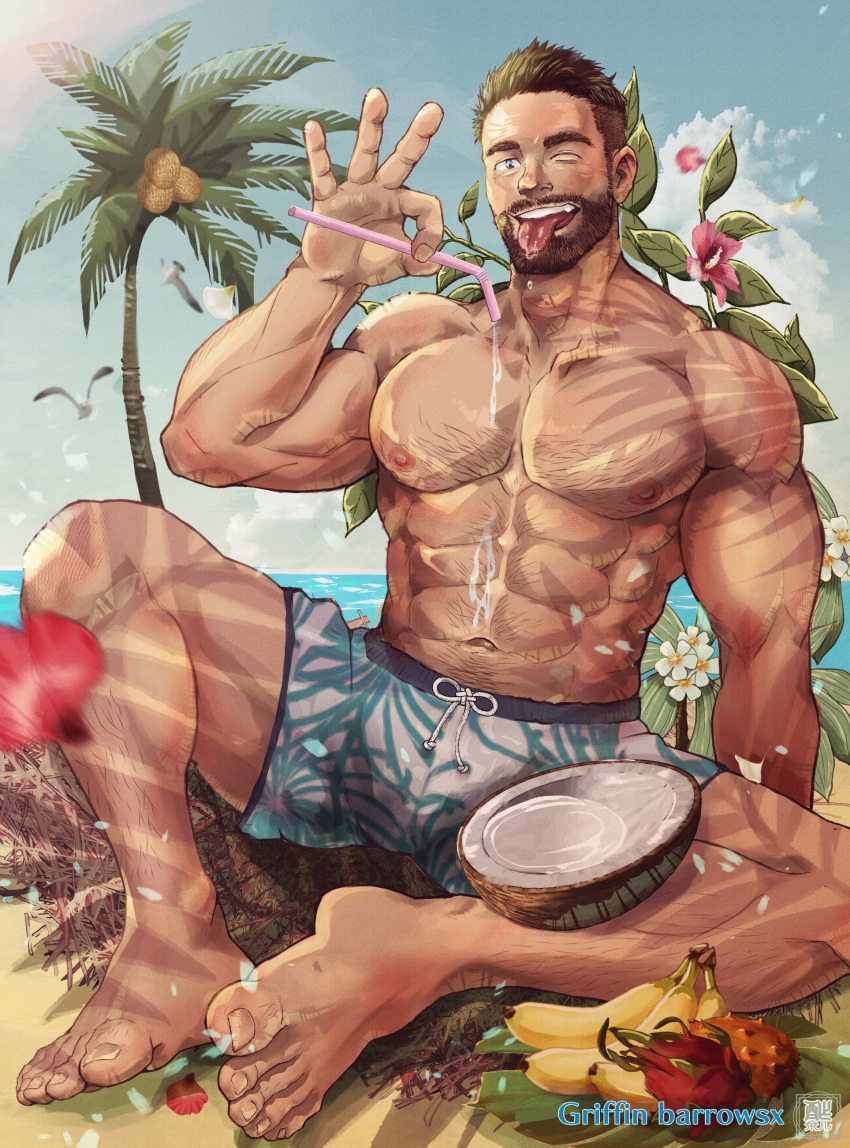 1boy ;p abs absurdres banana bara barefoot beach beard biceps bird black_eyes brown_hair buzz_cut carpet chest_hair cloud cloudy_sky coconut day dragon_fruit drinking_straw dripping facial_hair fang flower food fruit fruit_juice hairy highres large_pectorals leg_hair looking_at_viewer male_focus male_swimwear manly mature_male muscular muscular_male nipples ocean one_eye_closed original palm_tree pectorals petals saliva short_hair sitting sky solo spiked_hair spread_legs suamaru teeth thick_arms thick_eyebrows thick_thighs thighs tongue tongue_out tree very_short_hair wet