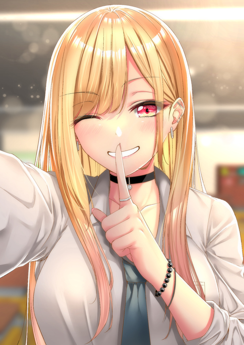 1girl ;) amatlas barbell_piercing black_choker blonde_hair blush breasts choker colored_tips ear_piercing fake_nails finger_to_mouth gradient_hair grin gyaru highres index_finger_raised industrial_piercing kitagawa_marin long_hair looking_at_viewer medium_breasts multicolored_hair one_eye_closed parted_lips piercing pink_hair pink_nails red_eyes school_uniform shirt smile solo sono_bisque_doll_wa_koi_wo_suru