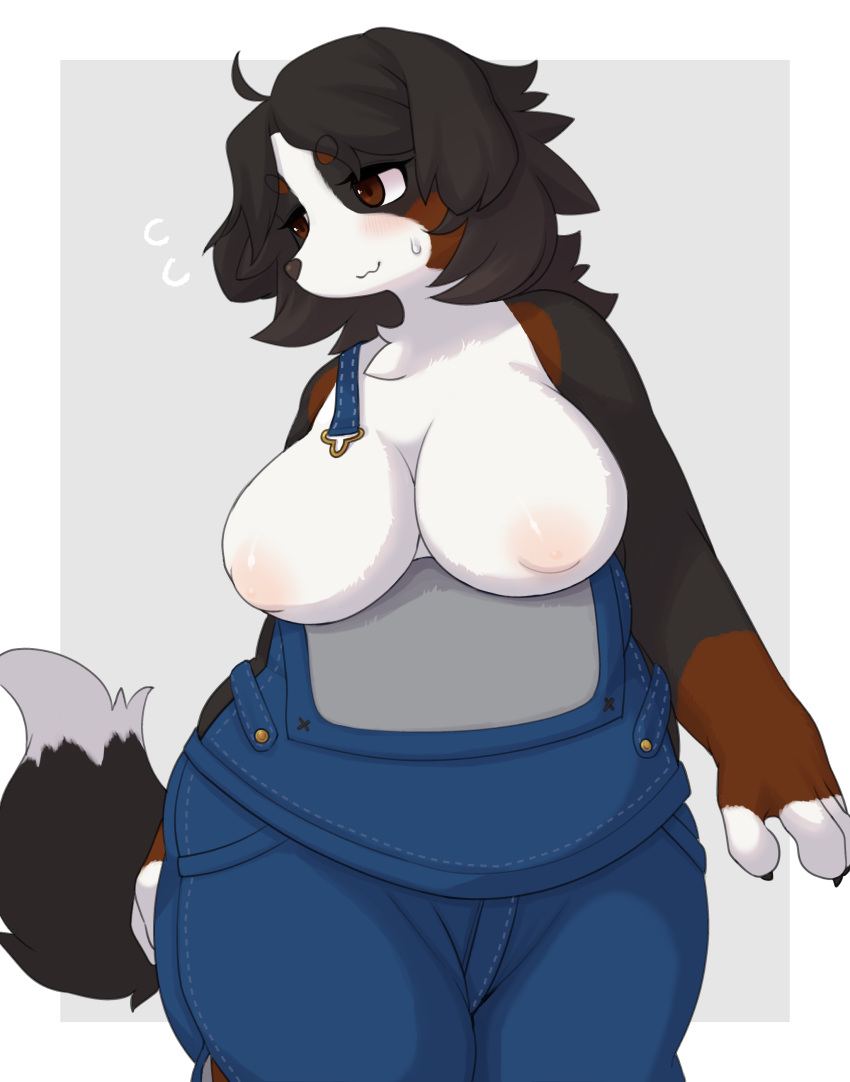 absurd_res angel_(ama) anthro bernese_mountain_dog big_breasts blush breasts breasts_out_of_clothes canid canine canis clothed clothing clothing_lift curvy_figure domestic_dog embarrassed exposed_breasts female hair hi_res kemono looking_away mammal molosser mountain_dog nipples shy slightly_chubby solo swiss_mountain_dog thick_thighs tokumori_kaisen tongue voluptuous