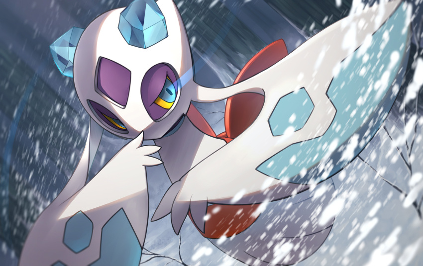 blue_eyes blurry colored_sclera commentary_request eye_trail forest froslass highres light_trail naoki_eguchi nature no_humans outdoors pokemon pokemon_(creature) snow snowing solo tree yellow_sclera