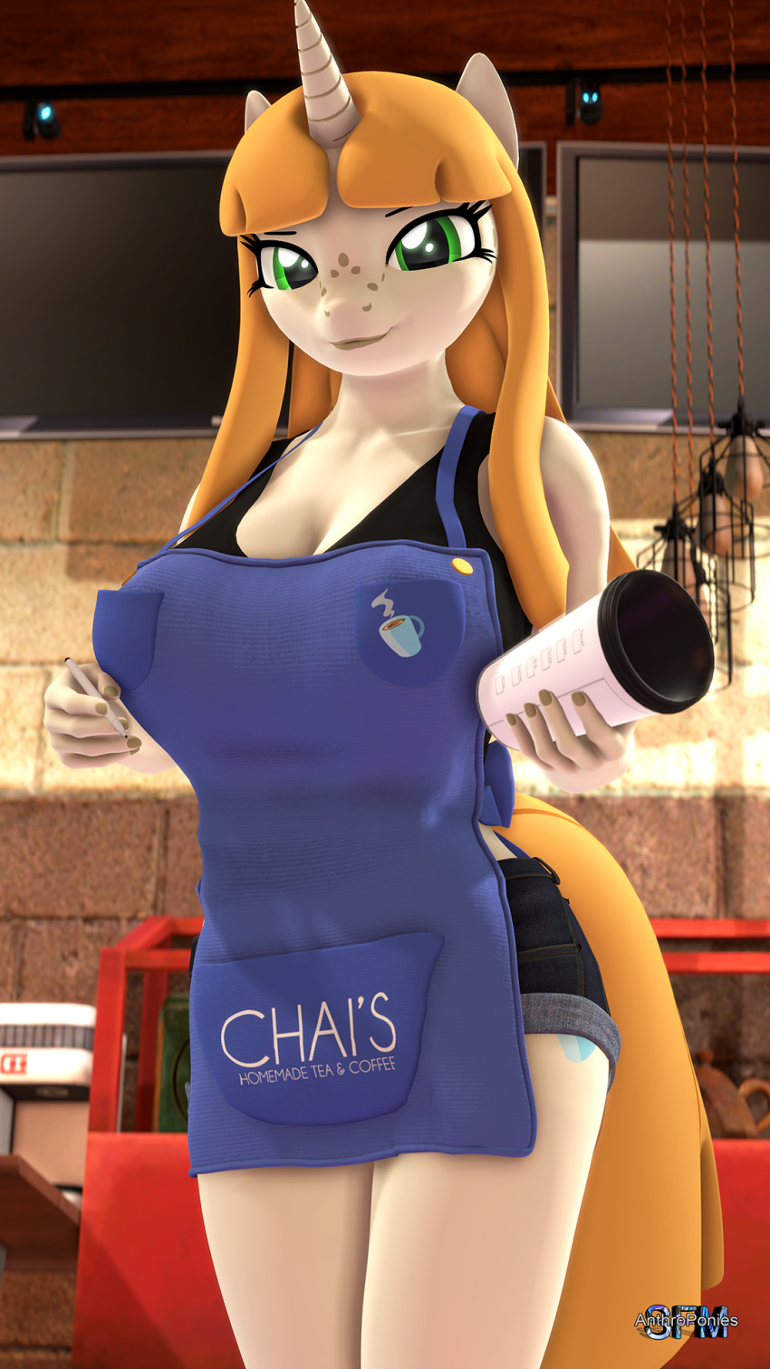 3d_(artwork) 9:16 anthroponiessfm apron bottomwear breasts chai_malai cleavage clothed clothing coffee_cup container cup digital_media_(artwork) equid equine freckles green_eyes hair hi_res horn i_mean_breast_milk inside looking_at_viewer mammal meme orange_hair pen shirt shorts source_filmmaker tank_top topwear unicorn