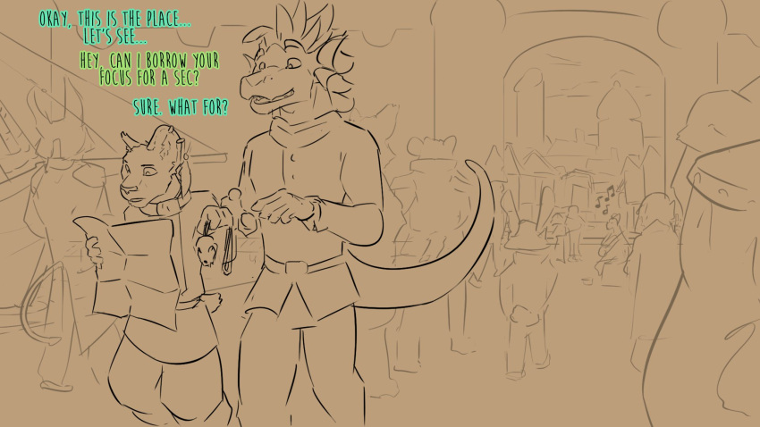 anthro arvie_dreadmaw_(character) clothed clothing couple_(disambiguation) crowd dialogue dragonborn dungeons_and_dragons ear_piercing ear_ring fek fekkri_talot felid fully_clothed group hasbro hi_res male mammal piercing public tabaxi wizards_of_the_coast