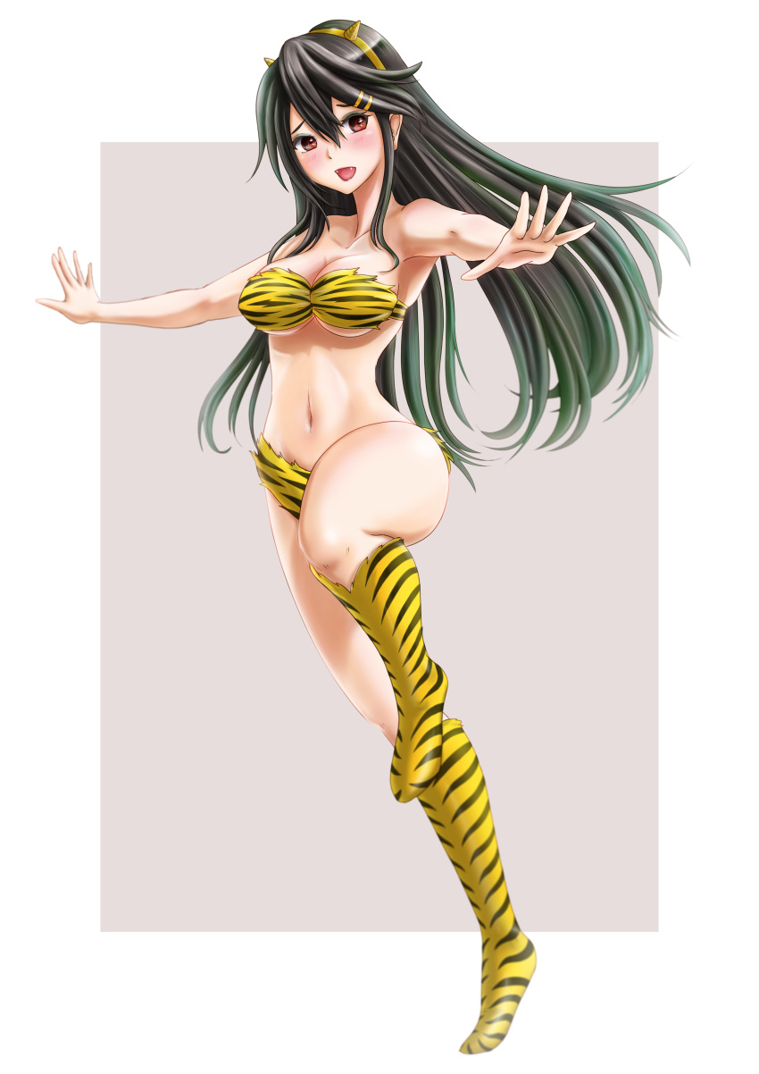 absurdres animal_print bikini black_hair breasts brown_eyes cleavage cosplay full_body grey_background hair_ornament hairband hairclip haruna_(kancolle) highres horns kantai_collection large_breasts long_hair lum lum_(cosplay) outstretched_arms skypixter swimsuit tiger_print tiger_stripes two-tone_background urusei_yatsura yellow_bikini yellow_footwear yellow_hairband