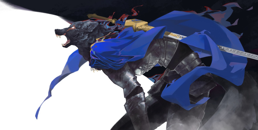 1boy absurdres animal_head aplysia05 armor bent_over blaidd_the_half-wolf blank_eyes blue_cape cape elden_ring from_side furry furry_male gauntlets highres male_focus open_mouth profile solo sword weapon weapon_on_back