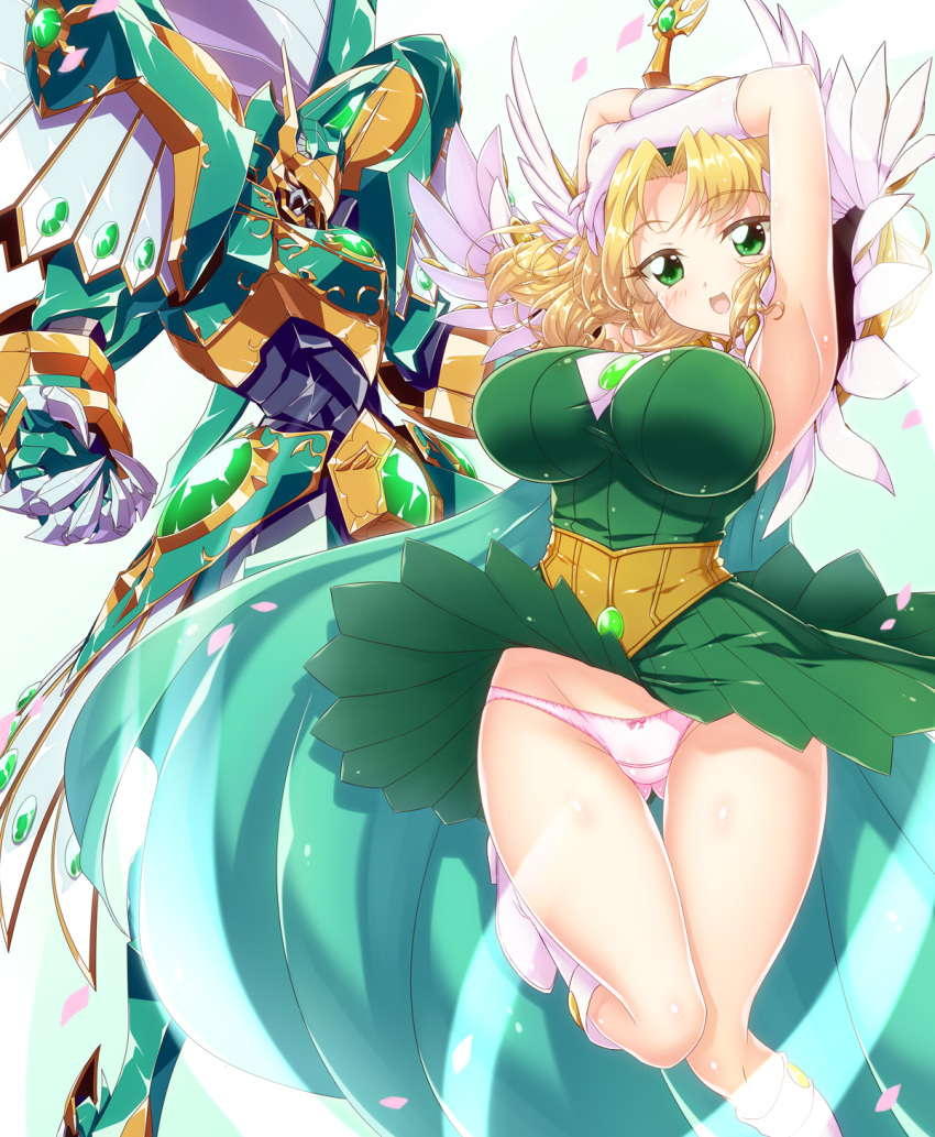 1girl airborne armpits ass_visible_through_thighs bangs blonde_hair boots breasts dress fantasy gloves glowing glowing_eye green_dress green_eyes head_tilt highres holding holding_sword holding_weapon hououji_fuu large_breasts long_sword looking_at_viewer magic_knight_rayearth mashin mecha mechanical_wings oobari_masami_(style) orange_eyes panties parted_bangs pink_panties short_hair smile sword underwear weapon white_background white_footwear white_gloves windam_(rayearth) wings yakisoba_(kaz2113)