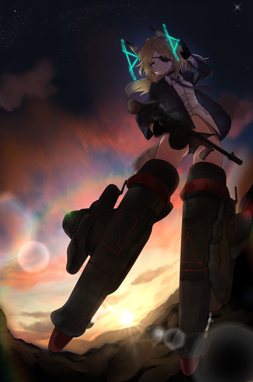 1girl absurdres ass_visible_through_thighs black_gloves black_panties blonde_hair blurry bokeh cloud commission depth_of_field eyepatch gloves gun hand_to_own_head highres hirschgeweih_antennas ika_(hinatu1992) long_hair midriff mixed-language_commentary navel night night_sky panties scar scar_across_eye sky solo strike_witches striker_unit submachine_gun sunset thighs thompson_submachine_gun underwear weapon world_witches_series