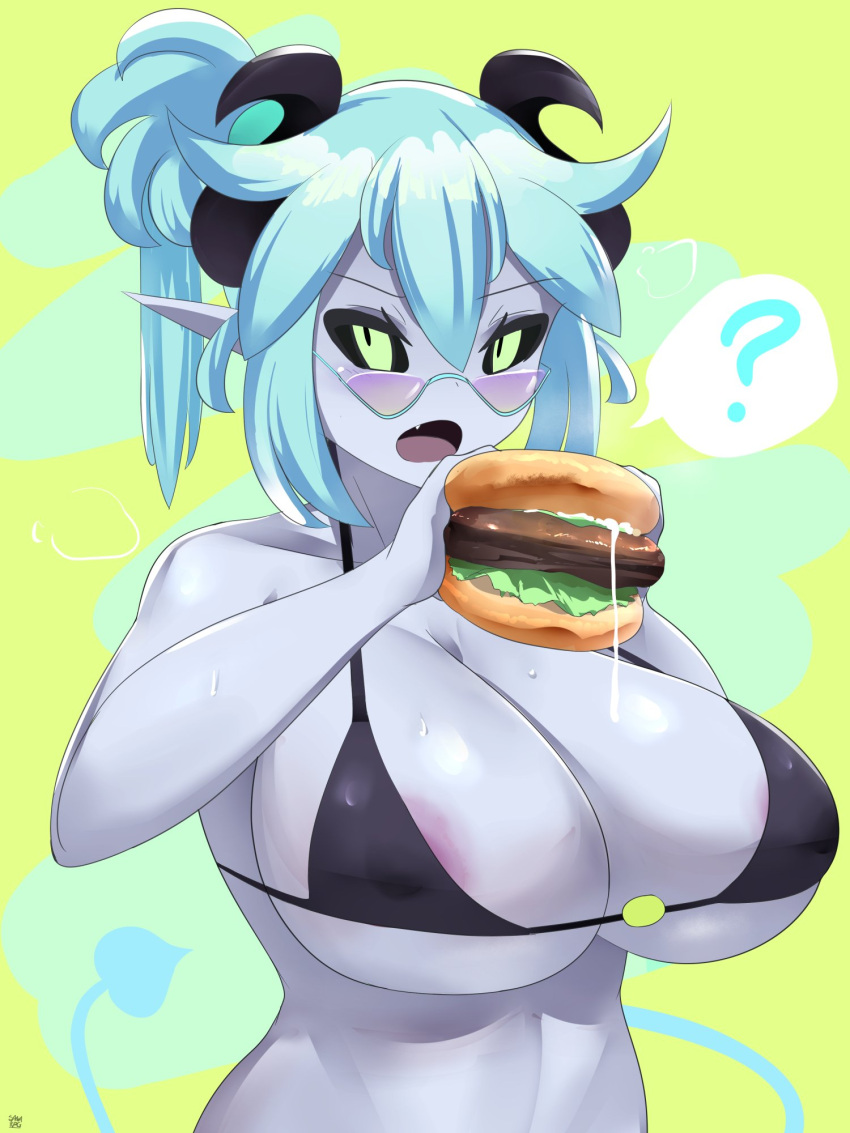 1girl aqua_eyes aqua_hair areolae black_horns black_sclera black_tank_top blue_hair blue_tail breasts burger cleavage colored_sclera colored_skin covered_nipples cup curvy demon demon_girl demon_horns demon_tail eating food glasses glowing glowing_eyes green_background grey_skin highres horns huge_breasts original pointy_ears sana!rpg short_hair suggestive_fluid sunglasses tail tank_top underwear upper_body