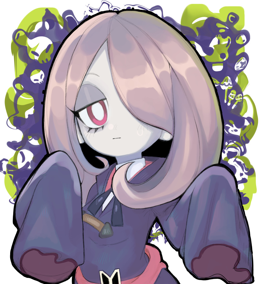 1girl absurdres black_ribbon bright_pupils closed_mouth commentary expressionless grace_hosanna_marquez_carranco hair_over_one_eye highres light_purple_hair little_witch_academia long_hair looking_at_viewer luna_nova_school_uniform mushroom neck_ribbon pale_skin red_eyes ribbon school_uniform sleeves_past_fingers sleeves_past_wrists solo sucy_manbavaran upper_body white_background white_pupils