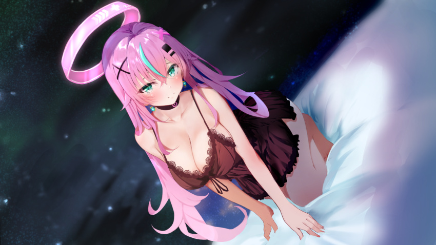 1girl all_fours aqua_hair bangs bare_arms bare_shoulders barefoot black_choker breasts choker cleavage closed_mouth collarbone commentary crossed_bangs dress earrings green_eyes hair_between_eyes hair_ornament halo hoshina_rulia indie_virtual_youtuber jewelry lace-trimmed_dress lace_trim large_breasts long_hair looking_at_viewer multicolored_hair official_art pink_hair raru_(nanaharararu) shadow sleeveless solo split_mouth thighs two-tone_hair virtual_youtuber x_hair_ornament