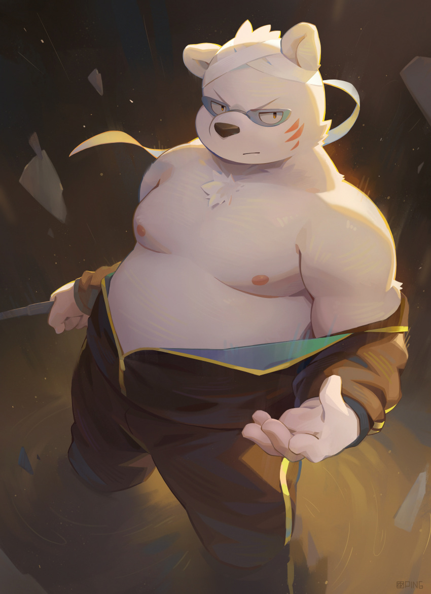 2022 absurd_res anthro bandage belly big_belly black_nose clothed clothing eyewear glasses hi_res humanoid_hands kemono male mammal moobs nipples odd_taxi overweight overweight_male polar_bear seamonsterping sekiguchi_(odd_taxi) solo ursid ursine white_body