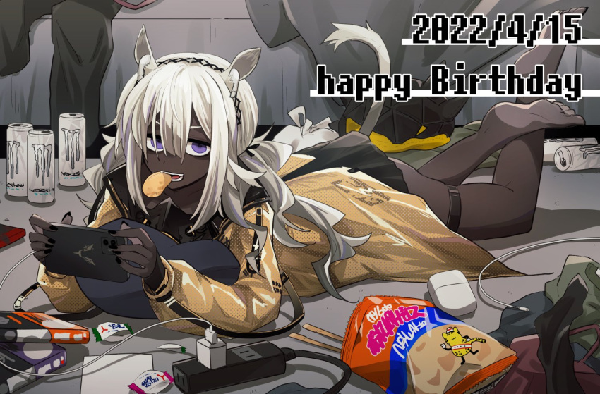 1girl airpods animal_ear_fluff animal_ears arknights barefoot bed black_dress black_nails can cellphone chips dark-skinned_female dark_skin dated dress eating electric_socket feet_up food full_body happy_sex holding holding_phone horse_ears horse_girl horse_tail iwashi_80 jacket long_hair long_sleeves looking_at_viewer lying messy_room mouth_hold nail_polish on_floor on_stomach open_clothes open_jacket open_mouth originium_slug_(arknights) phone pillow purple_eyes short_dress silver_hair smartphone soda_can solo tail teeth the_pose thigh_strap tuye_(arknights) wireless_earphones yellow_jacket