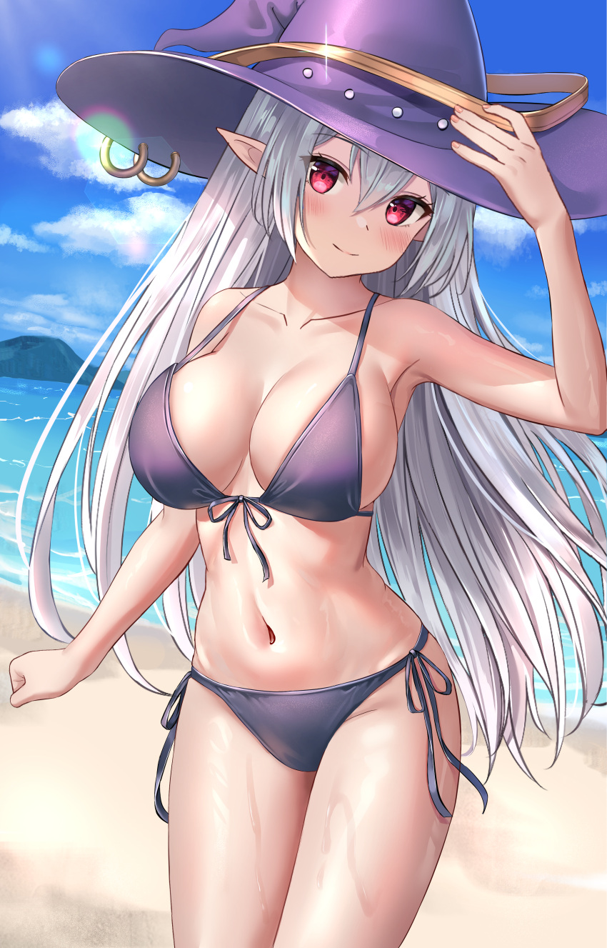 1girl absurdres armpits bangs beach bikini blue_sky blush breasts cleavage clenched_hand closed_mouth collarbone day elf eyebrows_visible_through_hair hair_between_eyes hand_on_headwear hat highres lens_flare looking_at_viewer medium_breasts navel nay ocean original outdoors pointy_ears purple_bikini red_eyes short_shorts shorts silver_hair sky smile solo standing swimsuit wet witch_hat