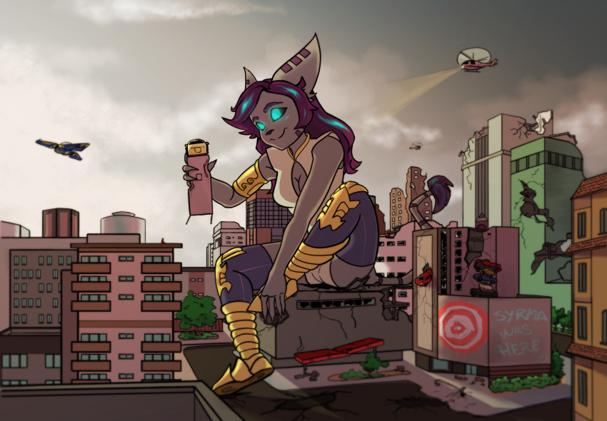 absurd_res aircraft alien anthro armor artist_purplepawn asterope breasts building cleavage clothed clothing crush destruction drawing female furry glowing glowing_eyes graffiti hair helicopter hi_res highlights_(coloring) invalid_color lombax long_hair macro mammal outside rampage ratchet_and_clank shoeprints sitting sitting_on_building solo sony_corporation sony_interactive_entertainment spacecraft syrma tail vehicle vehicles video_games