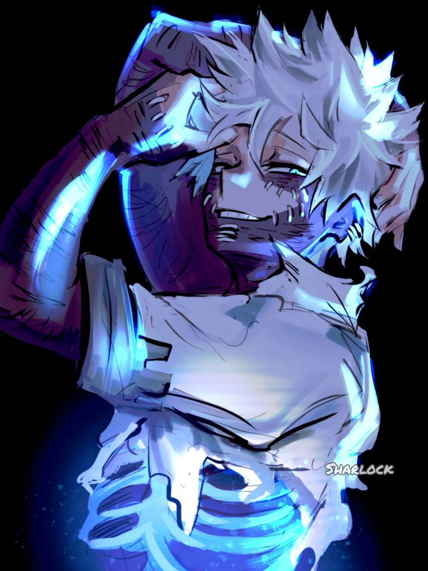 1boy artist_name black_background boku_no_hero_academia bone burn_scar cheek_piercing dabi_(boku_no_hero_academia) glowing grin hand_in_own_hair highres looking_at_viewer male_focus multiple_scars piercing ribs scar scar_on_hand scar_on_neck sharl0ck skeleton smile solo spiked_hair spoilers staple stapled stitches todoroki_touya torn_clothes upper_body white_hair