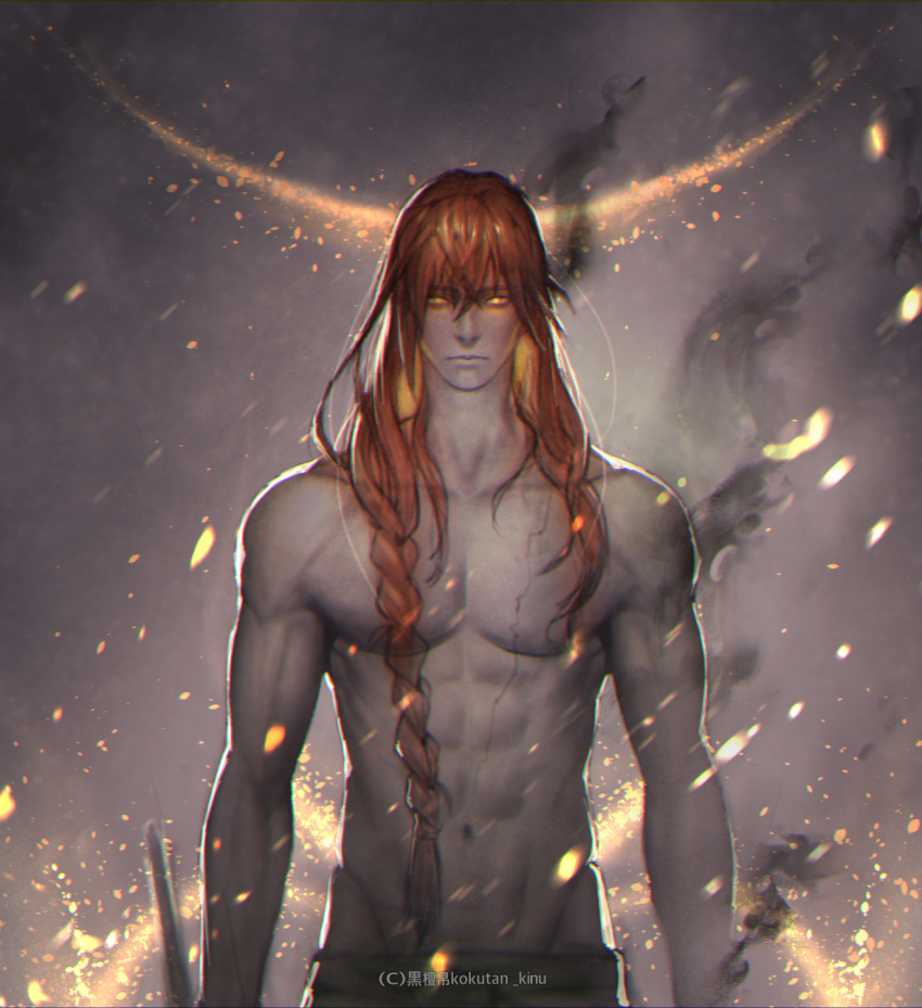 1boy braid closed_mouth elden_ring elden_ring_(object) hair_between_eyes highres kokutan_kitsunen long_hair looking_at_viewer male_focus navel radagon_of_the_golden_order red_hair solo topless_male watermark yellow_eyes