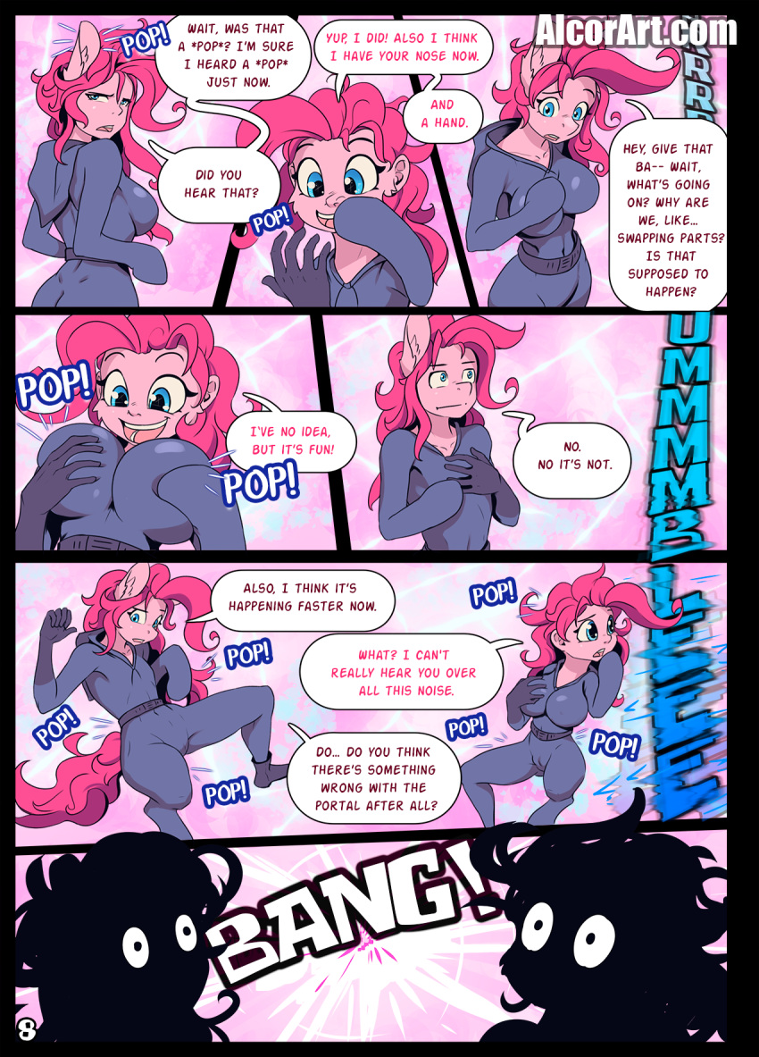 2022 5_fingers alcor90 anthro blue_eyes camel_toe clothed clothing comic conditional_dnp dialogue digital_media_(artwork) english_text equid equine eyebrows female fingers friendship_is_magic hasbro hi_res mammal my_little_pony open_mouth open_smile pinkie_pie_(mlp) smile speech_bubble text url