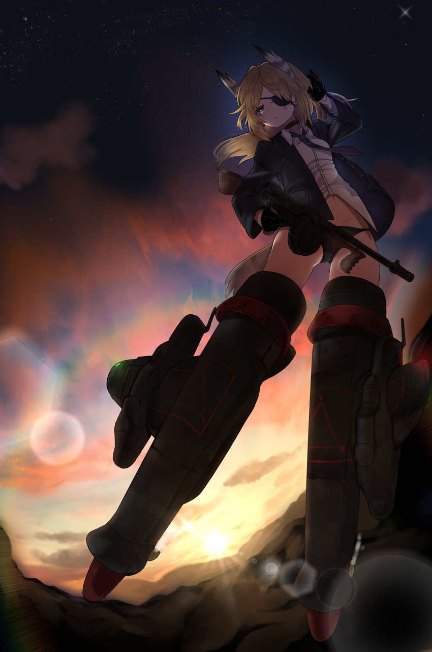 1girl absurdres ass_visible_through_thighs black_gloves black_panties blonde_hair blurry bokeh cloud commission depth_of_field eyepatch gloves gun hand_to_own_head highres ika_(hinatu1992) long_hair midriff mixed-language_commentary navel night night_sky panties scar scar_across_eye sky solo strike_witches striker_unit submachine_gun sunset thighs thompson_submachine_gun underwear weapon world_witches_series