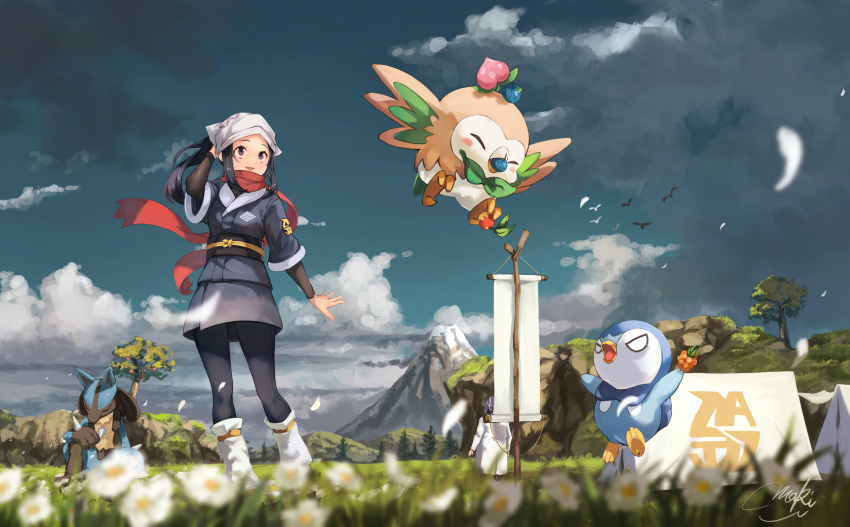 1boy 1girl akari_(pokemon) berry_(pokemon) black_hair black_legwear black_shirt blurry cloud commentary_request day flower from_below grass grey_jacket grey_skirt hand_up head_scarf highres jacket laventon_(pokemon) logo long_hair loose_socks lucario maki_(maki_pei) outdoors pantyhose piplup pokemon pokemon_(creature) pokemon_(game) pokemon_legends:_arceus red_scarf rowlet scarf shirt sidelocks skirt sky smile standing tree white_flower white_headwear white_legwear