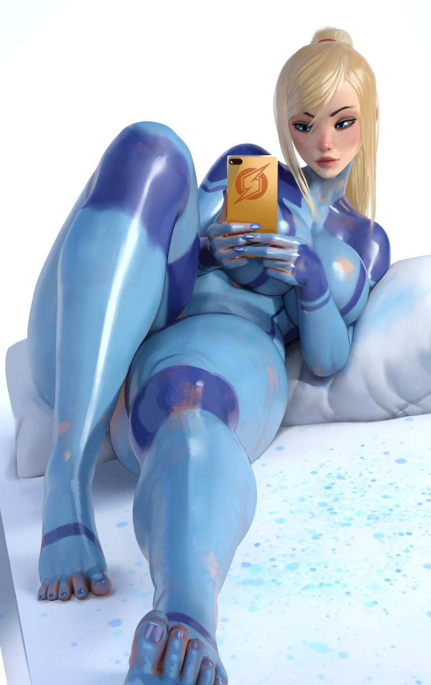 1girl absurdres blonde_hair blue_bodysuit blue_eyes blue_nails bodypaint bodysuit breasts cellphone cushion eyebrows highres holding holding_phone legs long_hair lying metroid mirror mole mole_under_mouth nail_polish naked_paint nose nude painted_clothes phone ponytail popogori realistic reflection samus_aran selfie shiny shiny_skin smartphone taking_picture thick_thighs thighs toenails toes wide_hips zero_suit