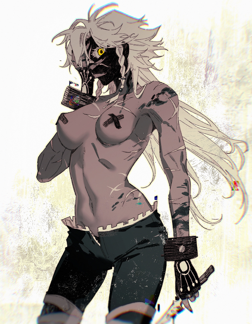 1girl absurdres arm_at_side bandaid bandaids_on_nipples bangs black_nails black_pants blonde_hair blurry braid breasts covered_mouth cowboy_shot cross_scar dark-skinned_female dark_skin depth_of_field dirty dirty_face dizi930 eyelashes forever_7th_capital genderswap genderswap_(mtf) hand_on_own_face hand_over_eye hand_up highres holding holding_knife ink knife long_hair looking_at_viewer navel no_shirt one_eye_covered open_fly paint_on_body paint_splatter paint_splatter_on_face panties pants panty_peek pasties rahulk_(forever_7th_capital) scar scar_on_arm scar_on_breasts scar_on_chest scar_on_face scar_on_stomach side_braid solo twin_braids underwear very_long_hair white_background wrist_cuffs yellow_eyes