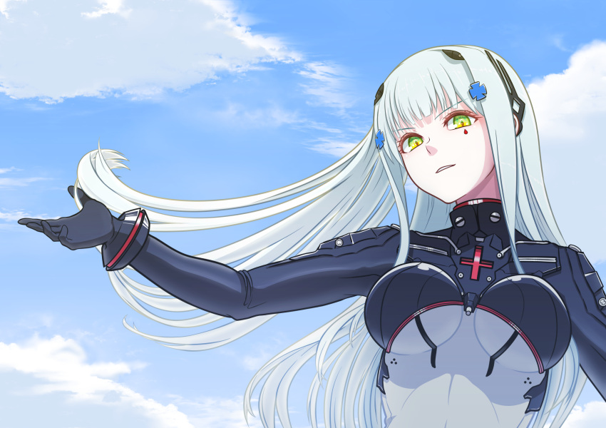 1girl bangs blue_sky bodysuit breasts earpiece eyebrows_visible_through_hair girls'_frontline green_eyes hair_ornament hairclip highres hk416_(girls'_frontline) hk416_(midnight_evangelion)_(girls'_frontline) light_blue_hair long_hair looking_at_viewer medium_breasts official_alternate_costume open_mouth sky solo teardrop_facial_mark teardrop_tattoo tomtom_drawing upper_body