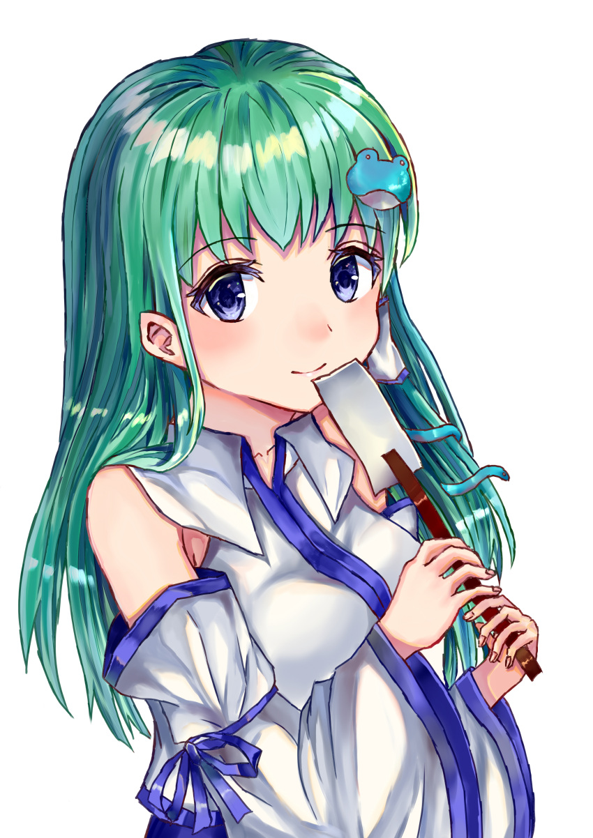1girl absurdres bangs bare_shoulders blue_eyes closed_mouth collarbone collared_vest commentary_request detached_sleeves frog_hair_ornament gohei green_hair hair_ornament happy highres holding kochiya_sanae long_hair long_sleeves looking_at_viewer oonusa simple_background smile snake_hair_ornament suzushina touhou upper_body very_long_hair vest white_background white_sleeves white_vest wide_sleeves