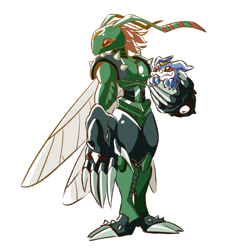 animal_humanoid antennae_(anatomy) anthro arthropod arthropod_humanoid bandai_namco blue_body carrying_partner claws digimon digimon_(species) duo green_body hi_res horn humanoid insect insect_humanoid male protosaru stingmon veemon wings