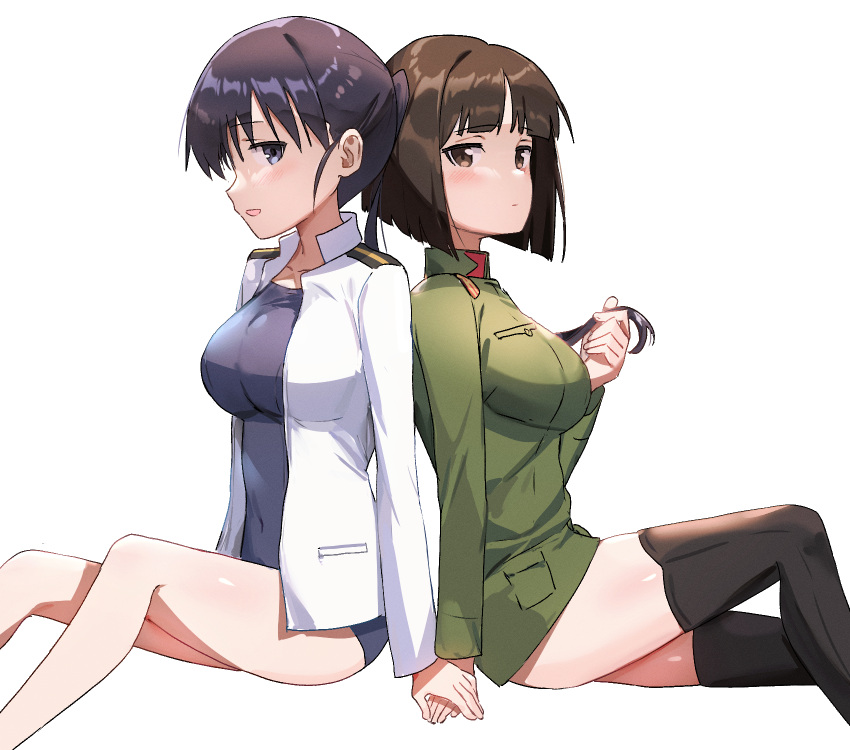 2girls back-to-back bangs black_eyes black_hair black_legwear blunt_bangs blush breasts brown_eyes brown_hair etou_toshiko from_side highres holding_another's_hair holding_hands jacket kitagou_fumika large_breasts long_hair looking_at_viewer medium_breasts medium_hair mejina military military_uniform multiple_girls ponytail school_swimsuit shiny shiny_skin swimsuit thighhighs thighs uniform white_background white_jacket world_witches_series
