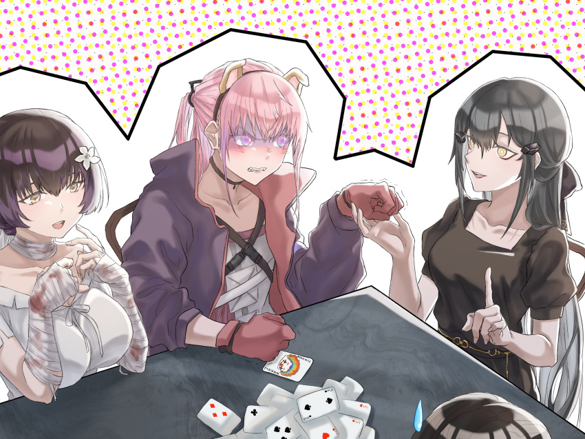 4girls april_fools bandaged_arm bandaged_neck bandages bangs black_dress black_hair blood_on_arm blush breasts card card_game chair chinese_commentary collarbone dandelion_(girls'_frontline) dress eyebrows_visible_through_hair finellen flower girls'_frontline gloves hair_flower hair_ornament hairclip highres index_finger_raised jacket joker_(card) large_breasts long_hair looking_at_another looking_away machlian_(girls'_frontline) medium_breasts multiple_girls multiple_views open_clothes open_jacket open_mouth paradeus pink_hair playing_card ponytail purple_eyes purple_jacket red_gloves shirt short_hair simple_background sitting st_ar-15_(girls'_frontline) table teeth upper_body upper_teeth white_dress white_shirt yellow_eyes