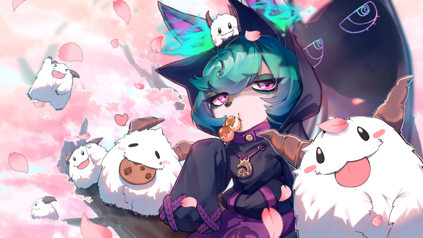 1girl blush brown_horns cherry_blossoms closed_mouth cookie eating eyebrows_visible_through_hair eyes_visible_through_hair food food_in_mouth food_on_face food_request green_hair highres holding holding_food hood horns league_of_legends long_sleeves mouth_hold petals poro_(league_of_legends) purple_eyes shadow short_hair sleeves_past_fingers sleeves_past_wrists tongue tongue_out vex_(league_of_legends) yordle yoshimori_isa