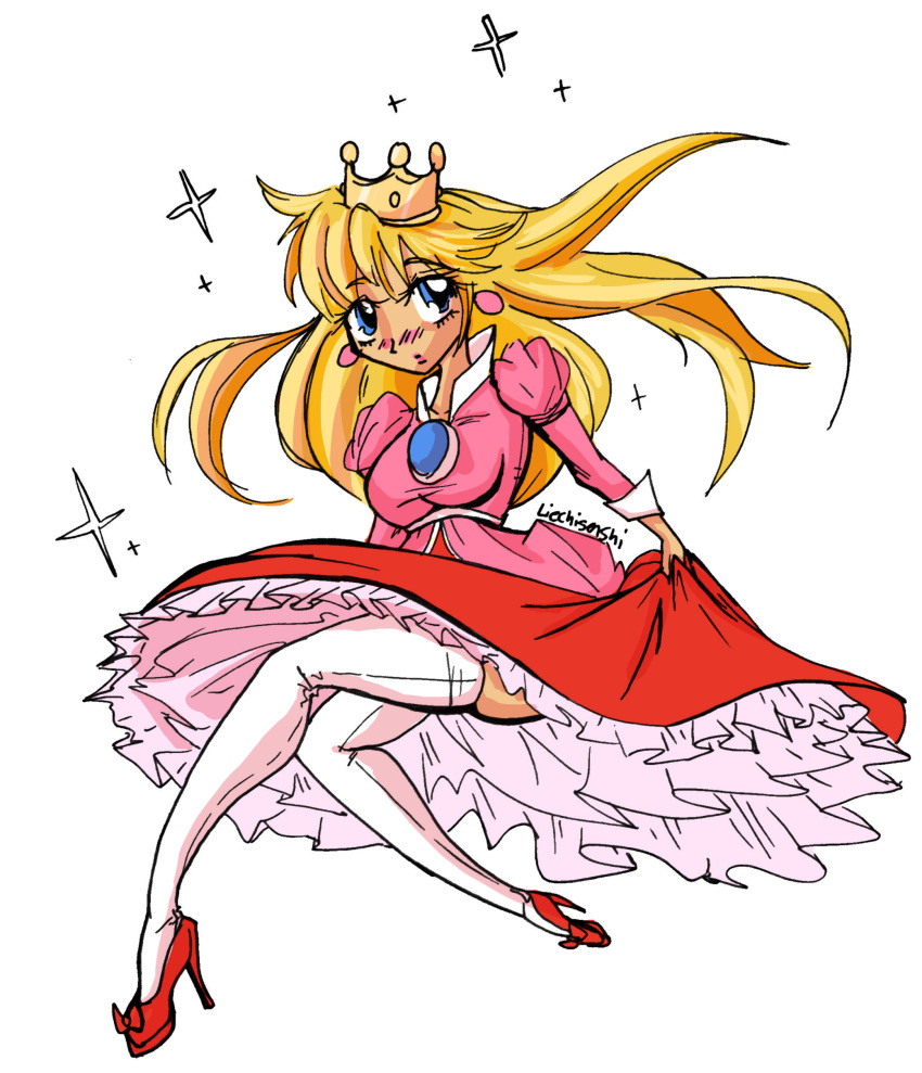 absurd_res beta_peach blush clothing dress hi_res high_heels invalid_tag legwear liechi mario mario_bros nintendo princess_peach princess_toadstool stockings video_games