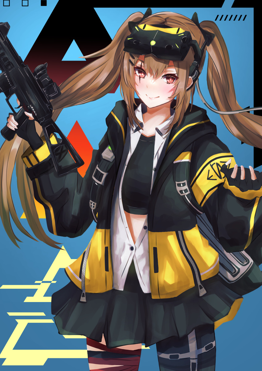 1girl absurdres bangs black_bow black_gloves black_skirt black_tank_top blush bow breasts brown_hair closed_mouth crop_top eyebrows_visible_through_hair feet_out_of_frame fingerless_gloves girls'_frontline gloves gun h&amp;k_ump h&amp;k_ump9 hair_bow hair_ornament hairclip highres holding holding_gun holding_weapon jacket long_hair looking_at_viewer multicolored_clothes multicolored_jacket night_vision_device open_clothes open_jacket r9k1 red_eyes scar scar_across_eye skirt small_breasts smile solo standing submachine_gun tank_top twintails ump9_(girls'_frontline) weapon