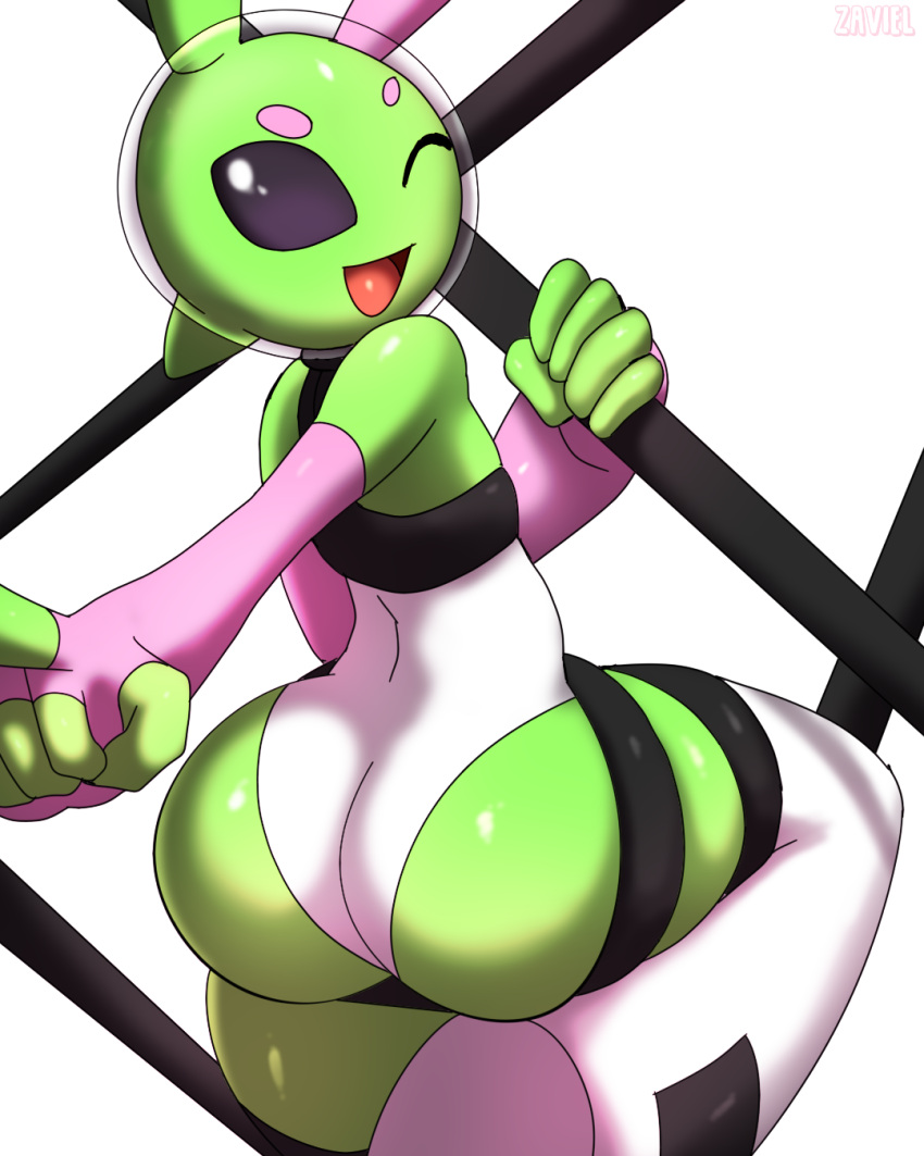 4:5 alien alien_humanoid ambiguous_gender antennae_(anatomy) anthro big_butt butt clothing fingerless_gloves gloves handwear hi_res humanoid legwear leotard looking_at_viewer looking_back one_eye_closed open_mouth roswell_grey smile solo sploot_(unknownspy) thick_thighs thigh_highs zaviel