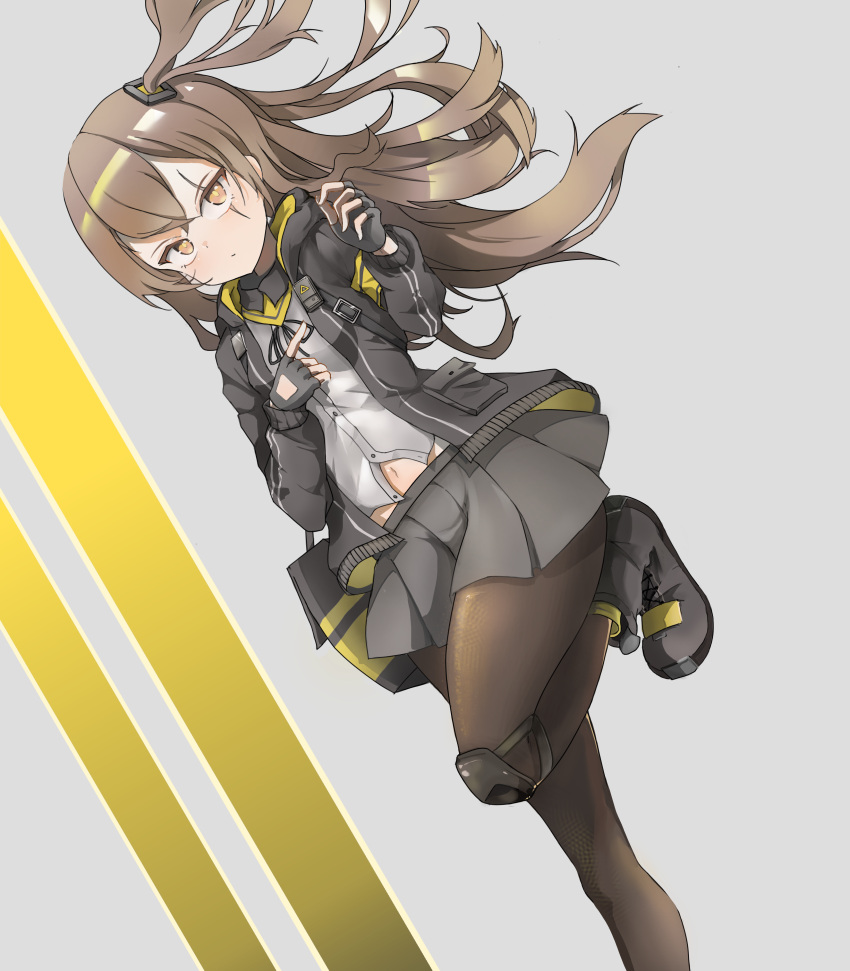 1girl absurdres bangs black_footwear black_legwear blush boots breasts brown_hair closed_mouth eyebrows_visible_through_hair fingerless_gloves girls'_frontline gloves grey_gloves grey_jacket grey_skirt hair_ornament hairclip highres jacket knee_pads lezard18 light_brown_eyes long_hair looking_at_viewer navel neck_ribbon open_clothes open_jacket pantyhose ribbon scar scar_across_eye shirt side_ponytail simple_background skirt small_breasts solo standing standing_on_one_leg ump45_(girls'_frontline) white_shirt