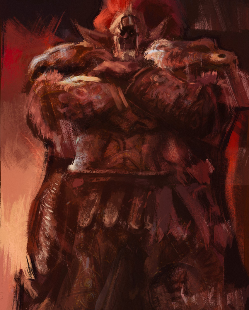 1boy armor breastplate closed_mouth crossed_arms elden_ring fake_horns full_armor helmet highres horned_helmet horns joestreladraw looking_at_viewer male_focus monochrome red_theme solo starscourge_radahn