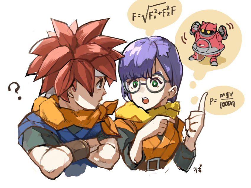 1boy 1girl ? belt chrono_trigger closed_mouth crono_(chrono_trigger) gato_(chrono_trigger) glasses green_eyes headband highres lucca_ashtear open_mouth purple_hair red_hair robot scarf short_hair simple_background spiked_hair uzutanco white_background wristband