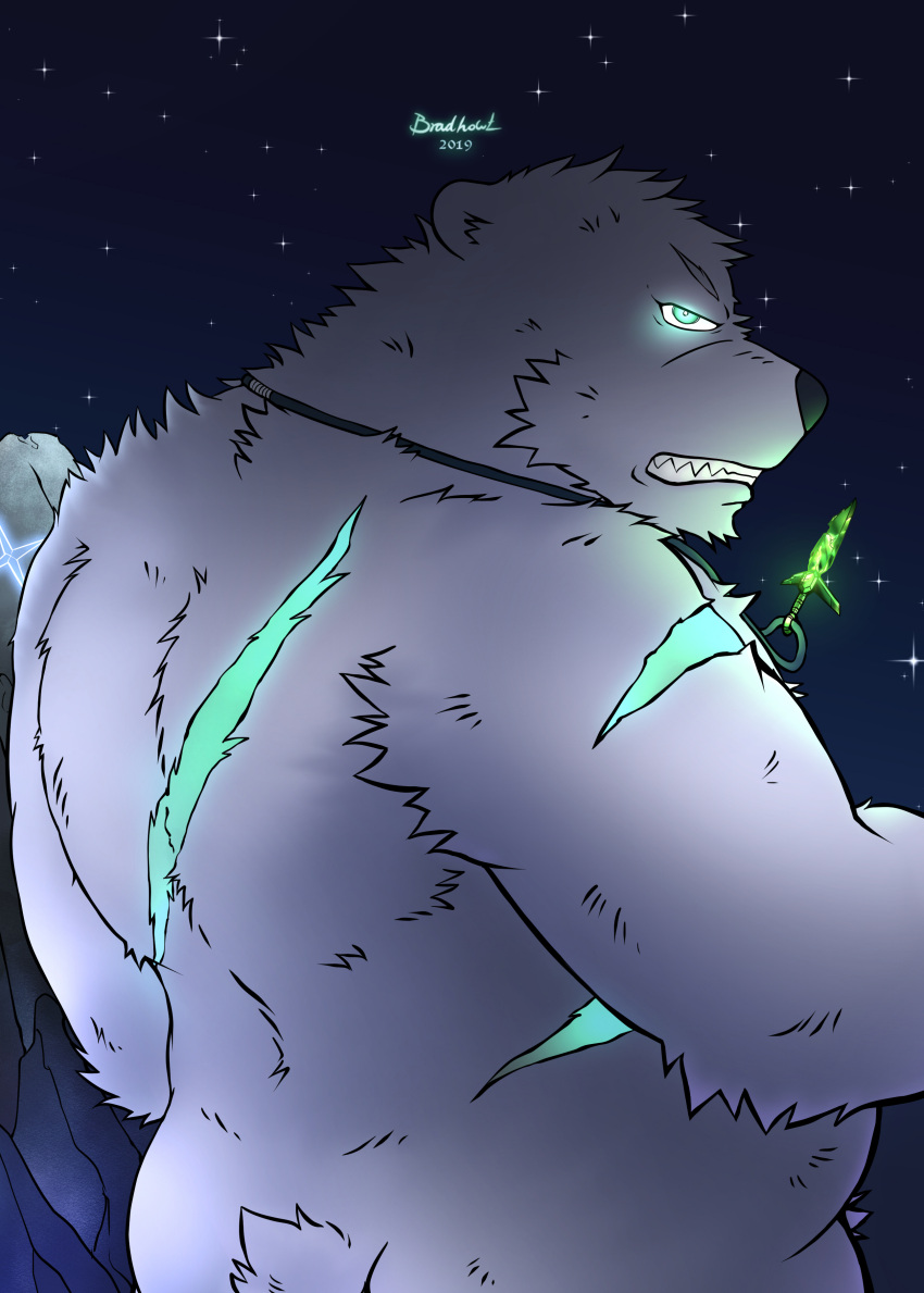 2018 absurd_res anthro belly big_belly biped black_nose fur hi_res kemono magic male mammal mtflying30371 night outside overweight overweight_male polar_bear scar solo star ursid ursine white_body white_fur