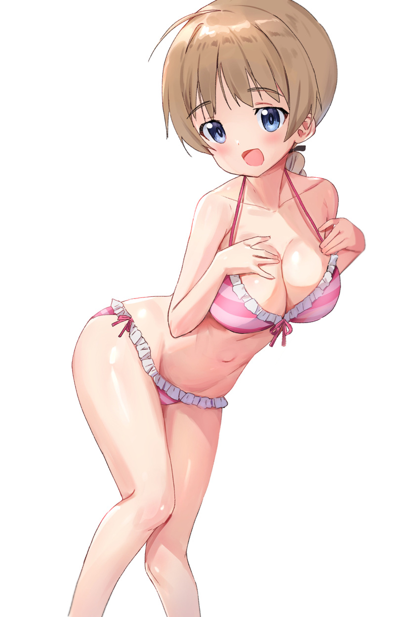 1girl alternate_costume bikini blue_eyes blush braid breasts brown_hair cleavage groin hands_on_own_chest highres large_breasts leaning_forward lynette_bishop mejina navel side-tie_bikini smile solo strap_gap strike_witches striped striped_bikini swimsuit swimsuit_skirt white_background world_witches_series