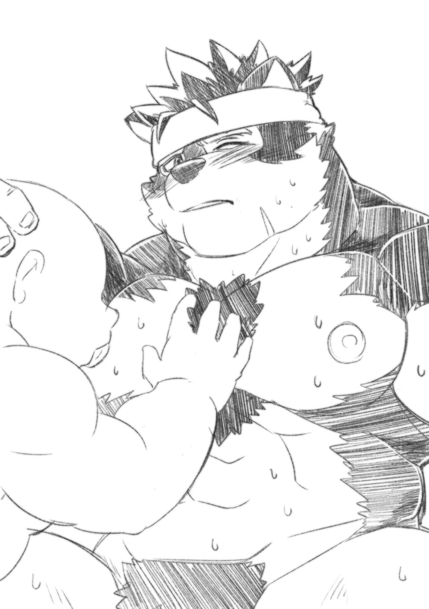 abs amekomi_lover anthro blush bodily_fluids canid canine canis duo hi_res horkeu_kamui_(tas) human lifewonders male male/male mammal muscular muscular_anthro muscular_male nipple_fetish nipple_play nipple_suck nipples pecs sucking sweat tokyo_afterschool_summoners video_games wolf