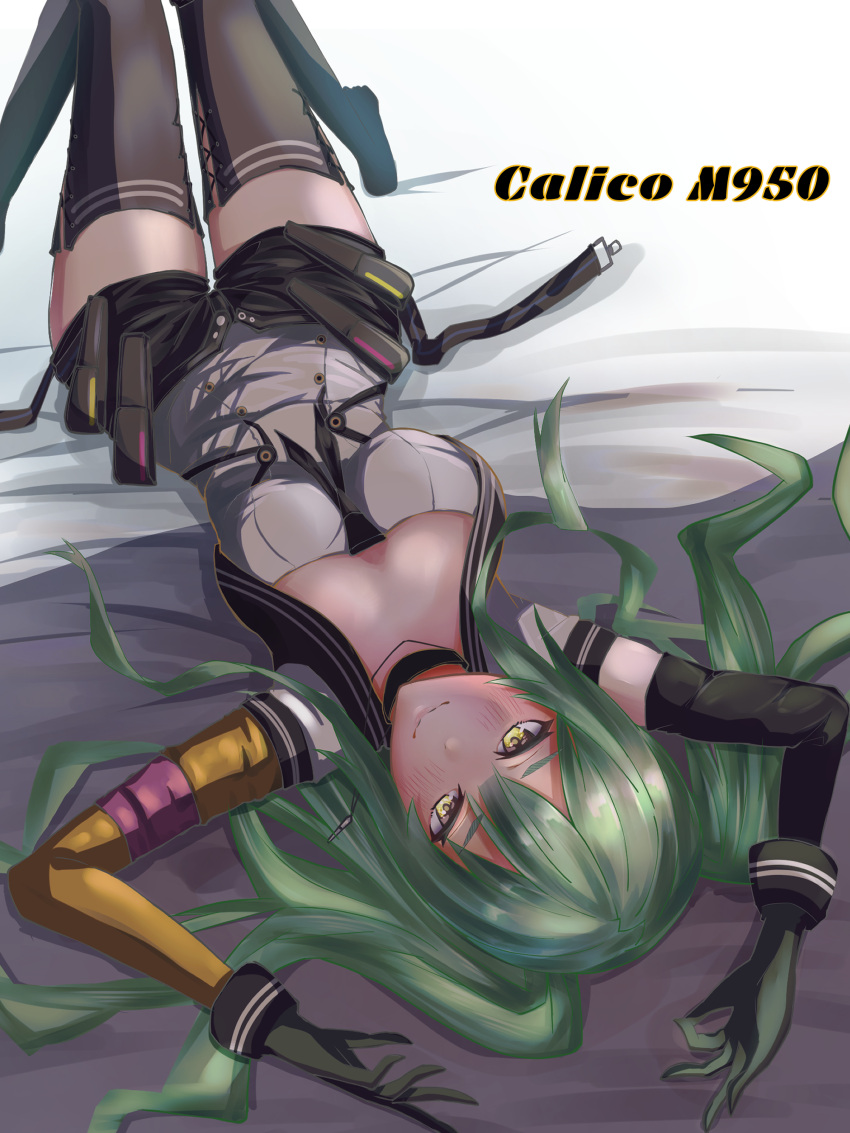 1girl absurdres asymmetrical_gloves bangs black_choker black_gloves black_legwear black_necktie black_shorts blush breasts character_name choker closed_mouth eyebrows_visible_through_hair girls'_frontline gloves green_hair highres long_hair looking_at_viewer lying m950a_(girls'_frontline) medium_breasts necktie on_back r9k1 shirt shorts simple_background smile solo thighhighs white_shirt yellow_eyes
