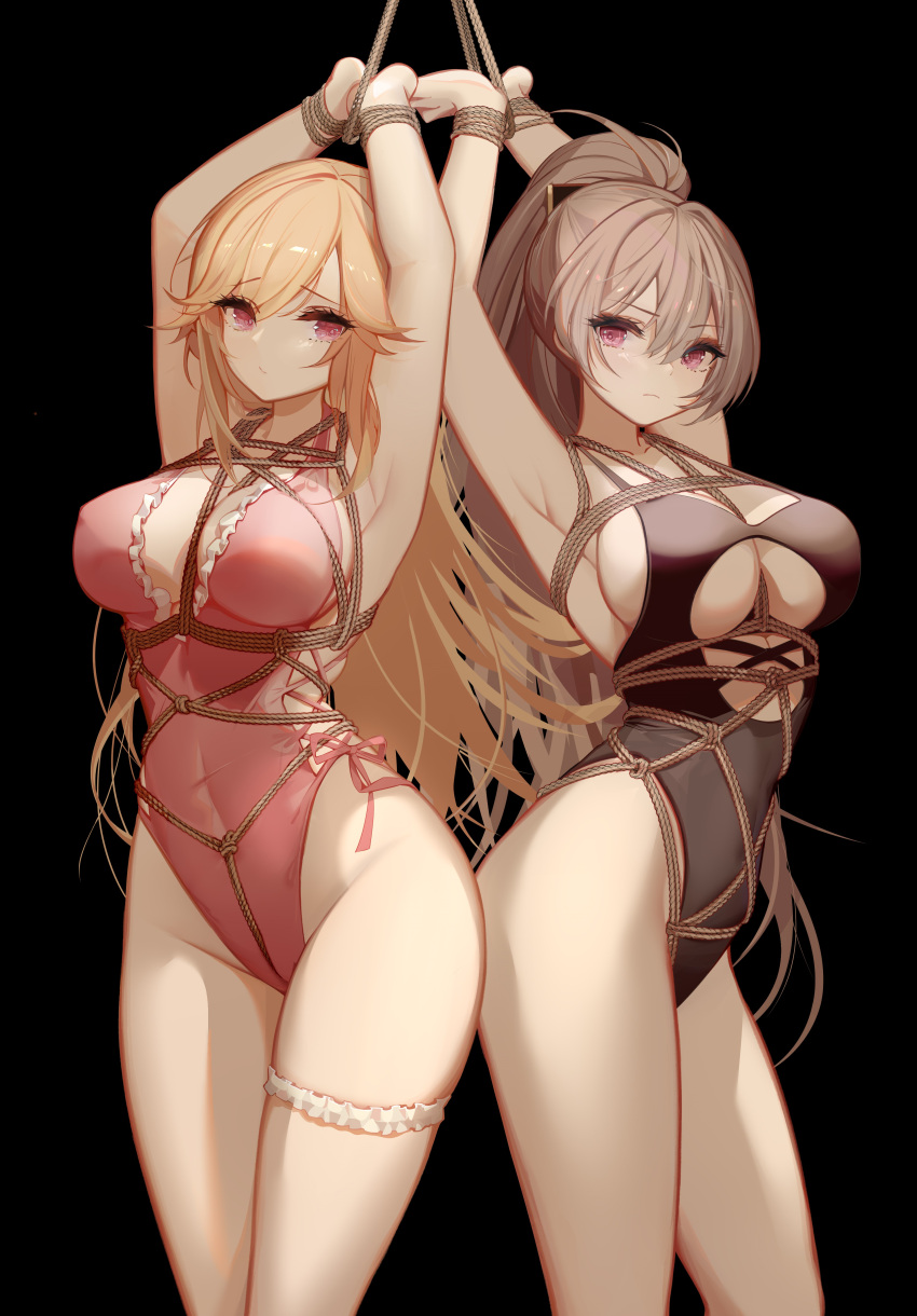 2girls absurdres armpits arms_up azur_lane bdsm black_background blonde_hair bondage bound bound_wrists breasts cleavage cleavage_cutout clothing_cutout crotch_rope curvy garters grey_hair highleg highleg_swimsuit highres jean_bart_(azur_lane) large_breasts looking_at_viewer multiple_girls red_eyes restrained richelieu_(azur_lane) swimsuit thigh_strap thighs yuuraku_yuraku