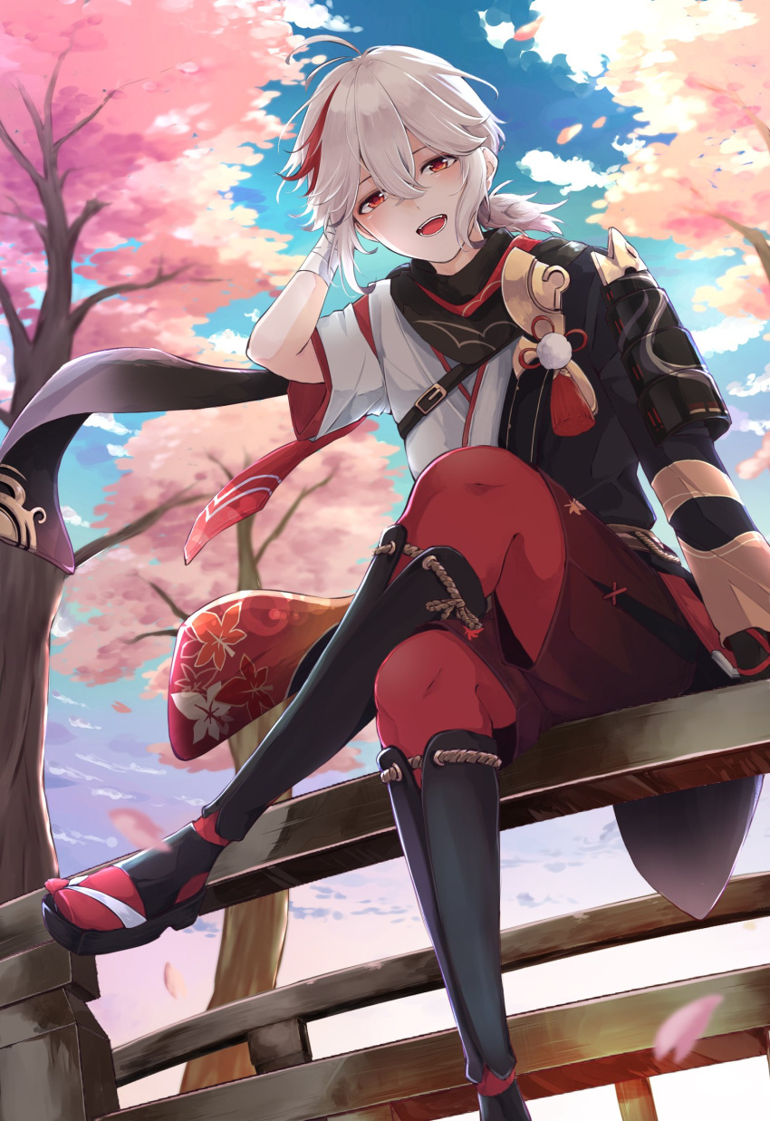 1boy ahoge animal arm_up armor autumn_leaves bandaged_hand bandages bangs blue_sky blush bridge cherry_blossoms crossed_bangs day elbow_on_knee facing_viewer falling_leaves genshin_impact hair_between_eyes hand_in_own_hair highres kaedehara_kazuha leaf male_focus maple_leaf multicolored_hair open_mouth pauldrons red_eyes sandals short_hair shoulder_armor single_pauldron sitting sky smile solo streaked_hair symbol-only_commentary tmktmg_sgm2 tree white_hair