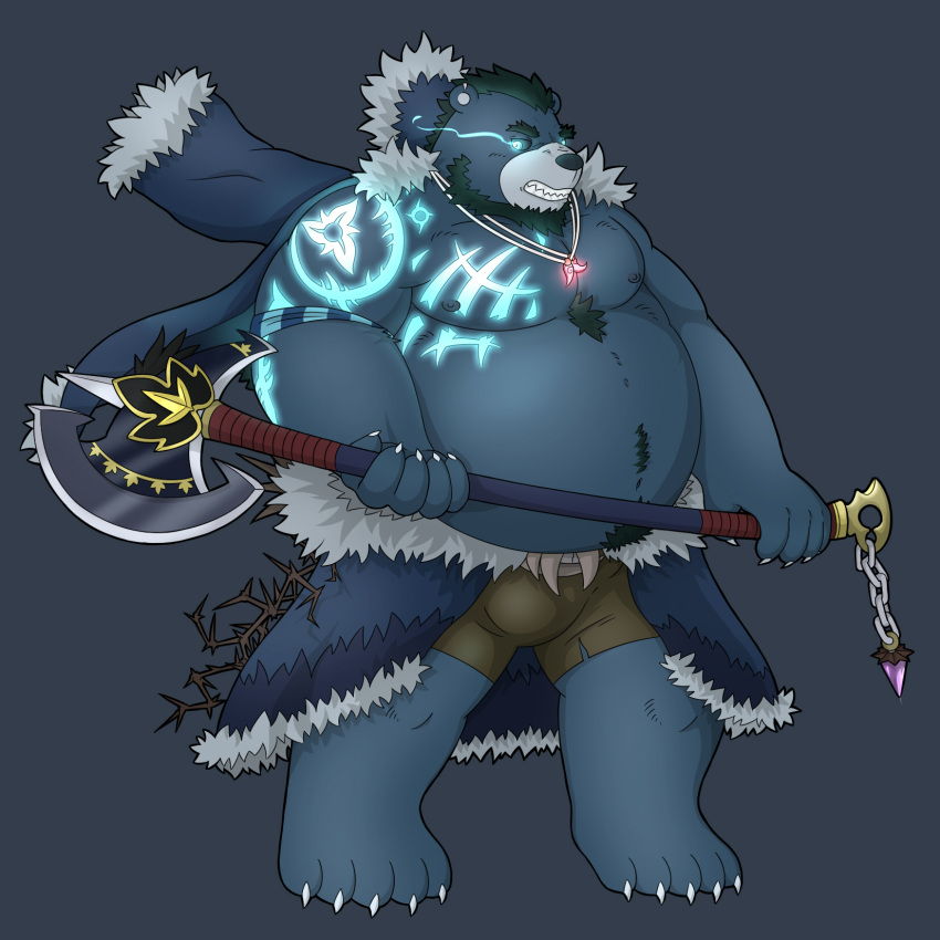 2018 anthro belly big_belly blue_body hi_res humanoid_hands kemono magic male mammal moobs mtflying30371 nipples overweight overweight_male simple_background solo ursid weapon